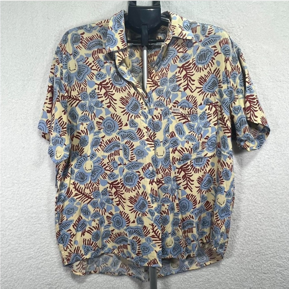 Vintage Guess Georges Marciano Floral Rayon Button Down Shirt Blue Yellow 4